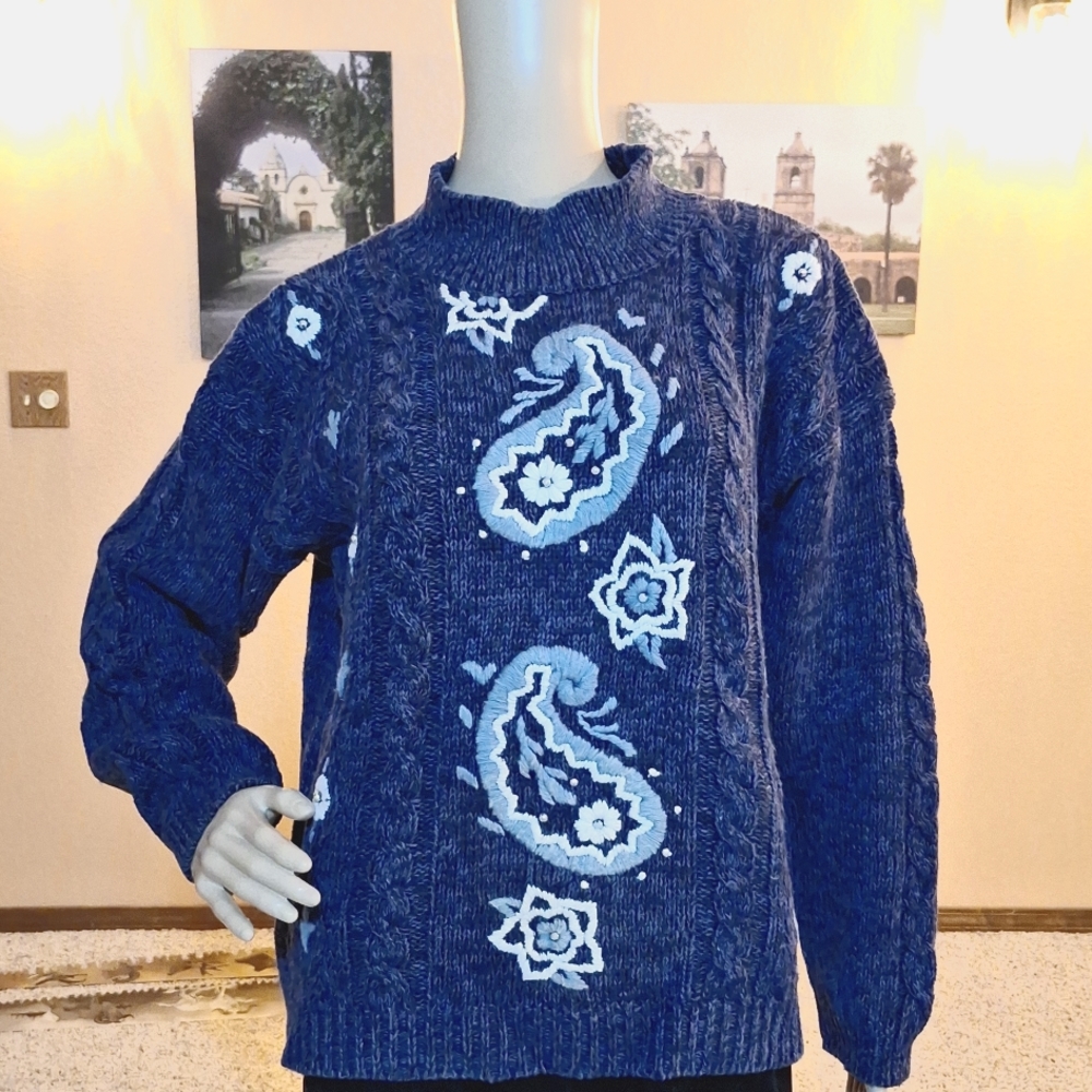 Blue & White Paisley & Cable Sweater